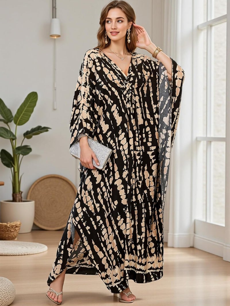 IMAGEKOPE Women's Plus Size Animal Print V-Neck Batwing Kaftan Beach Dress Bathing Suit Cover-Up Loungewear - Image 3